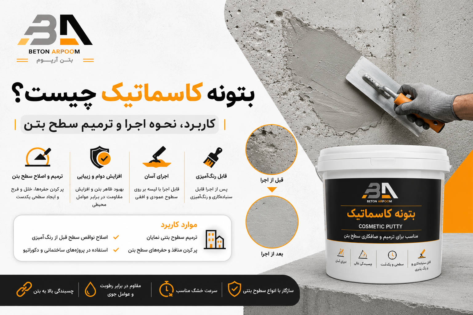 بتونه کاسماتیک چیست؟ کاربرد، نحوه اجرا و ترمیم سطح بتن